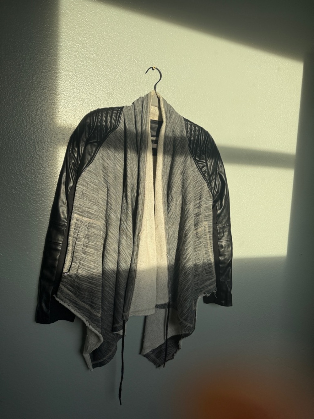 BLANK NYC small Draped Open-Front Cardigan with Black Faux-Leather Sleeves